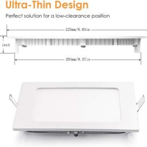 Vivensaa 8 Inch Ultra-Thin Square Recessed Lighting with Junction Box, 18W, 6000K White, Low Profile Ceiling Light Kit Downlight for Office, Commercial Lighting, Kitchen, Hallway