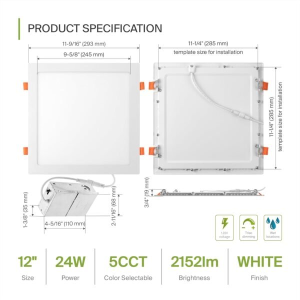 Vivensaa 4 Pack LED Square Recessed Lighting 12 Inch, 5CCT 2700K/3000K/3500K/4000K/5000K, Ultra-Thin Canless Dimmable Downlight, 24W (90W Eqv), CRI90+, Slim Panel Light with Junction Box, ETL & Energy Star, White - Image 3